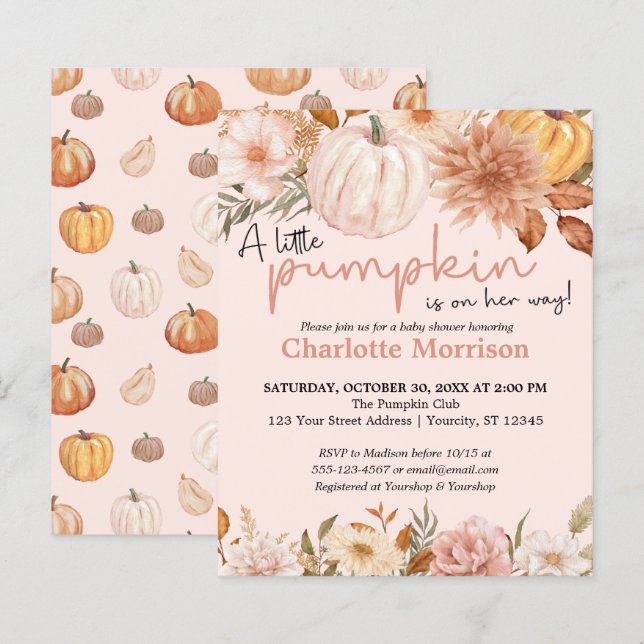 Budget Boho Pink Pumpkin Girl Babydusche Einladung (Vorne/Hinten)