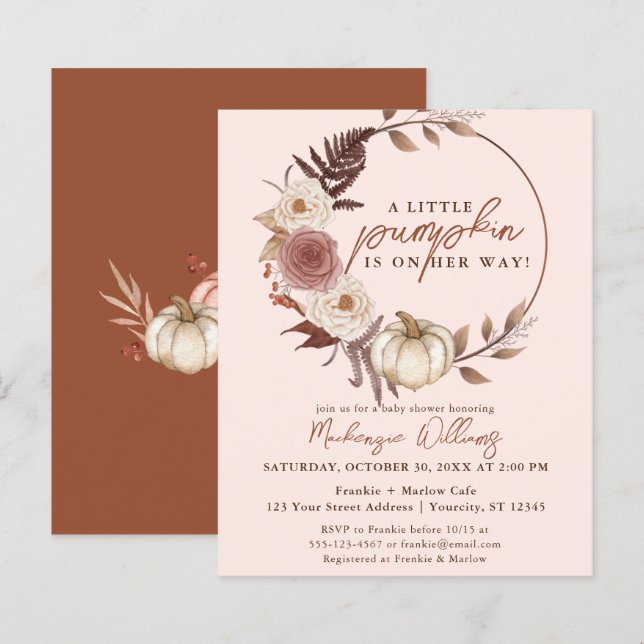 Budget Boho Pumpkin Girl Fall Babydusche Einladung (Vorne/Hinten)