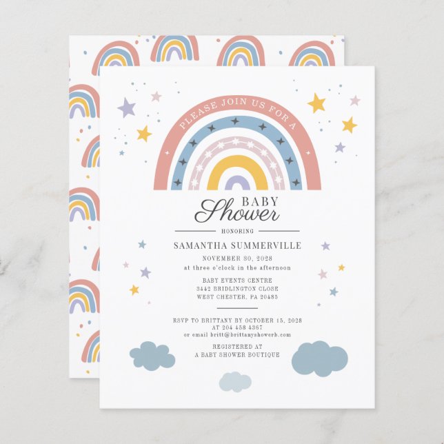 Budget Boho Rainbow Watercolor Script Baby Dusche (Vorne/Hinten)