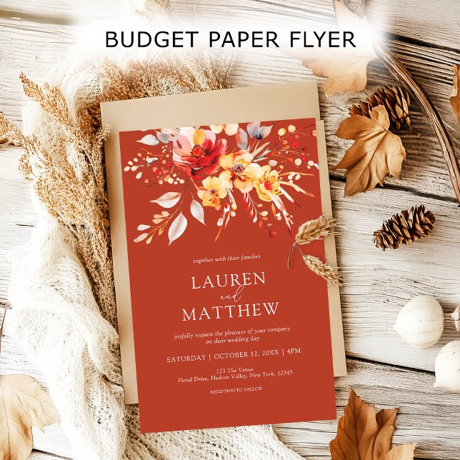 Budget Boho Rust Orange Hochzeit im Herbst Einladu Flyer (Elegant floral rust orange fall wedding budget flyer invitation. Get a professional look for less!)