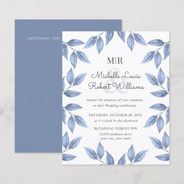 BUDGET Boho Rustic Dusty Blue Blätter Hochzeit (Vorne/Hinten)