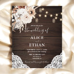 Budget Boho Rustikale neutrale Blume Hochzeitsfeie Flyer<br><div class="desc">Boho rustikale Hochzeitseinladung mit Saitenleuchten,  neutralen Blume und Pampa-Gras auf Holzfußboden.</div>