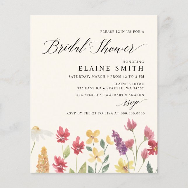 Budget Boho Wildblumen Bridal Dusche Einladungen (Vorderseite)