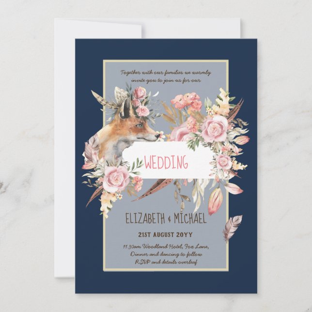 BUDGET Boho Woodland FOX Floral Wedding Modern Einladung (Vorderseite)