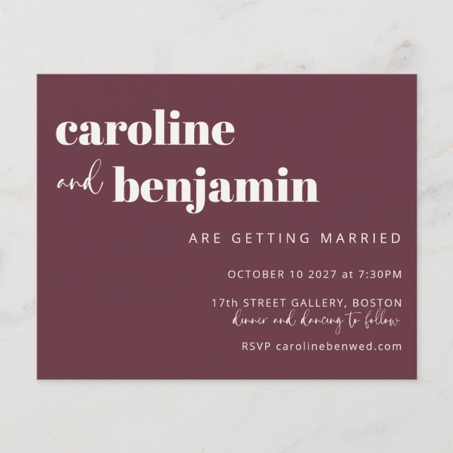 Budget Bold Burgundy Chic Moderne Hochzeit Einladu (Vorderseite)