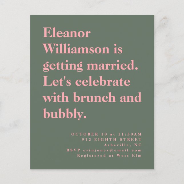 Budget Bold Pink und Green Bridal Brunch Einladung (Vorderseite)