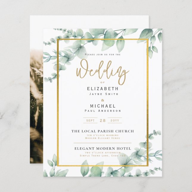 Budget Botanical Eucalyptus Wedding INVITE (Vorne/Hinten)