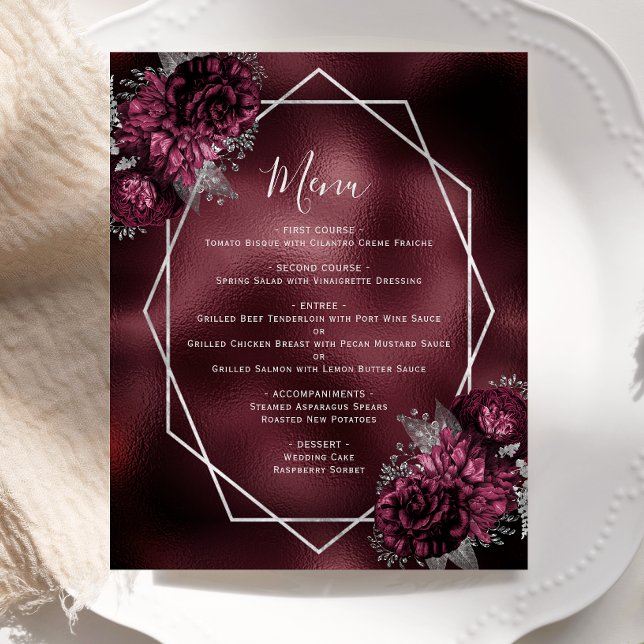 Budget Bourgogne Floral Argent Menu Mariage (Créateur téléchargé)