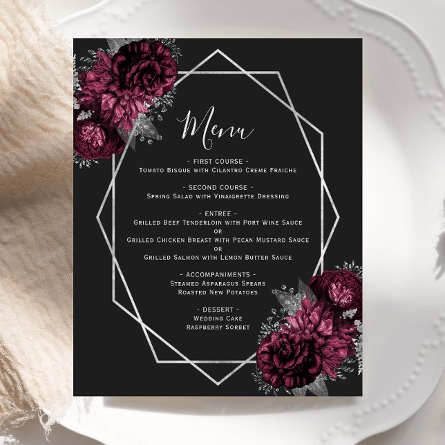 Budget Bourgogne Floral Argent Noir Menu Mariage (Créateur téléchargé)