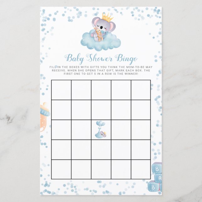 Budget Boy Koala Bear Blue Baby Dusche Bingo Card (Vorderseite)