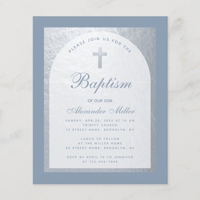 Budget Boy Taufe Dusty Blue Silver Einladung (Vorderseite)