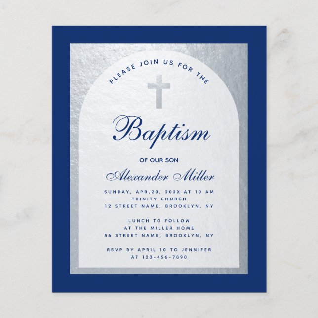 Budget Boy Taufe Royal Blue Silver Einladung (Vorderseite)