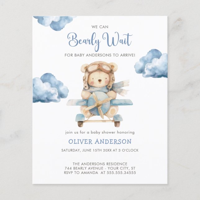 Budget BoyTeddy Bear Baby Shower Einladung (Vorderseite)