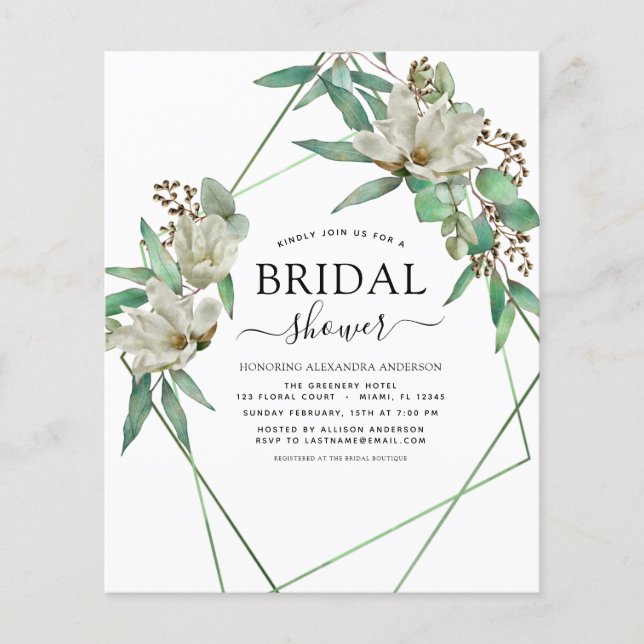 Budget Brautparty Greenery Magnolia Einladung Flyer (Vorne)