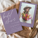Budget Brautparty Lila Boho Einladung Flyer<br><div class="desc">Budget Minimalistisches Elegantes und Modernes Script Brautparty mit Foto auf Back Herbst (Herbst),  Winter,  Frühjahr oder Sommer Einladungen - beinhaltet eine wunderschöne und elegante Schriftzeichen Typografie für die besondere Braut zu sein vor Hochzeiten.</div>