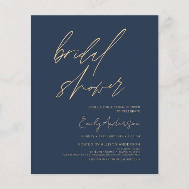 Budget Brautparty Navy Blue Script Minimalistisch Flyer (Vorne)