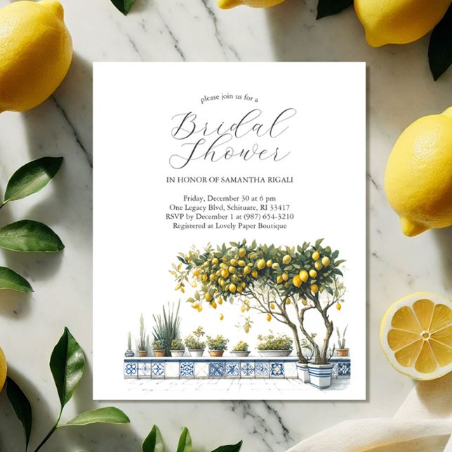 Budget Bridal Dusche Einladungen Wasserfarben Zitr Flyer (Budget bridal shower invitations watercolor lemon tree on a blue tile terrace DoTellABelle)