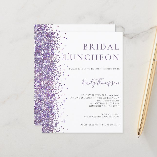 Budget Bridal Luncheon Lila Glitzer Einladung (Vorderseite/Rückseite Beispiel)