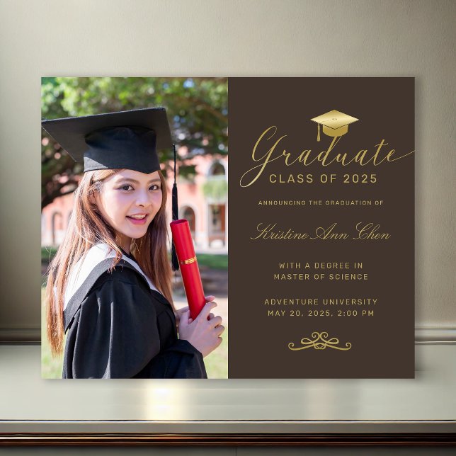 Budget Brown Gold Formal Script Foto Abschluss (Budget Brown Gold Formal Script Photo Graduation Announcement)