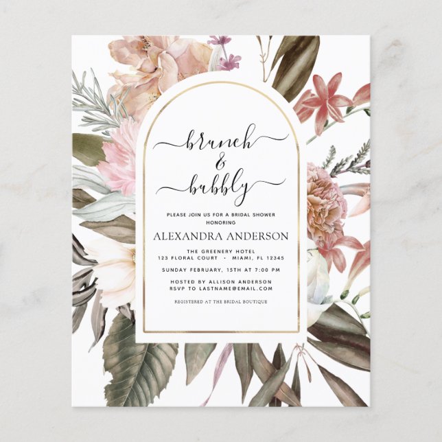 Budget Brunch & Bubbly Boho Burgundy Brautparty Flyer (Vorne)