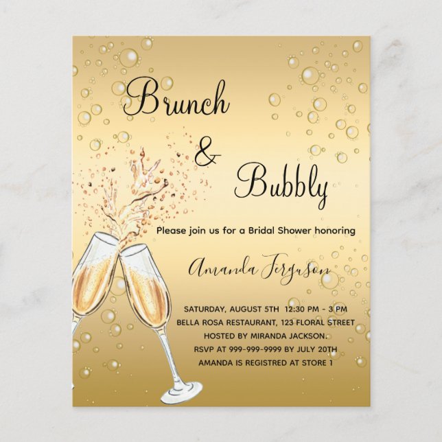 Budget Brunch Bubbly Brautparty Gold Einladung (Vorderseite)