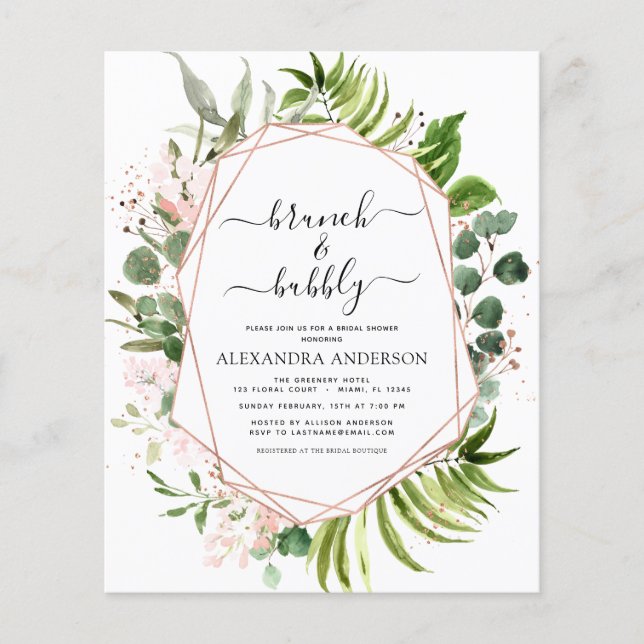 Budget Brunch & Bubbly Brautparty Greenery Flyer (Vorne)
