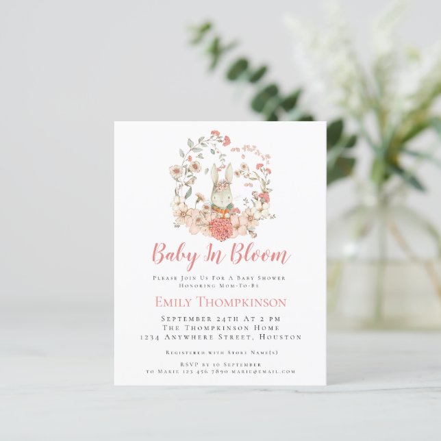 Budget Bunny Baby in Bloom Girl Babydusche Einladu (Stehend Vorderseite)
