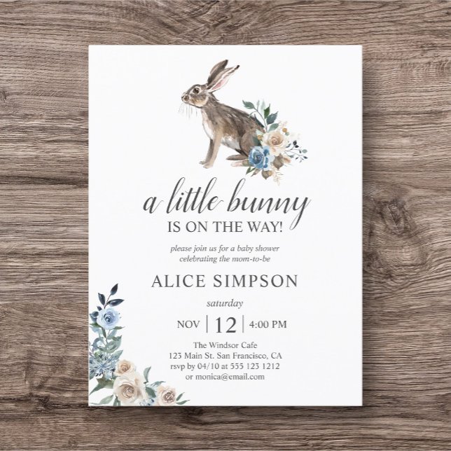 Budget Bunny Boho Dusty Blue Blume Babydusche in Einladungspostkarte (Von Creator hochgeladen)