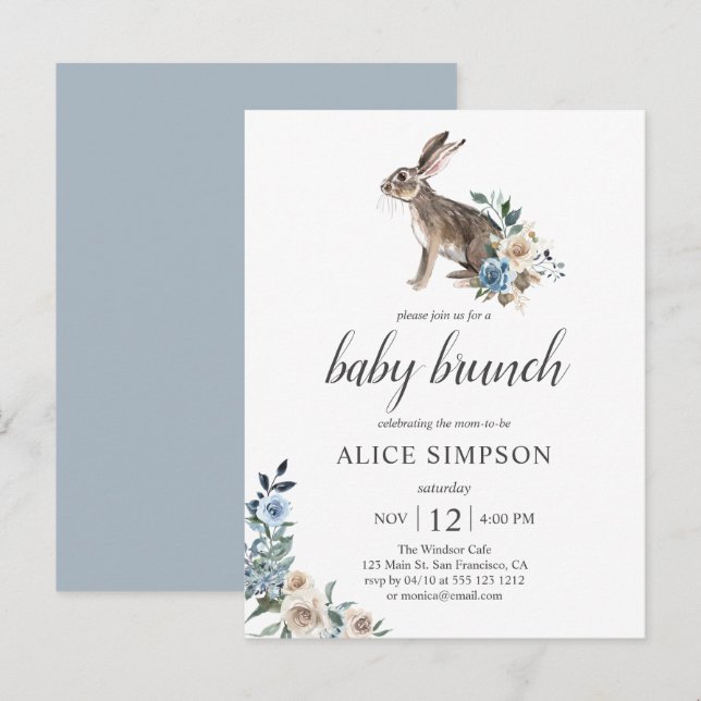 Budget Bunny Boho Dusty Blue Blume Babydusche in Einladungspostkarte (Vorne/Hinten)