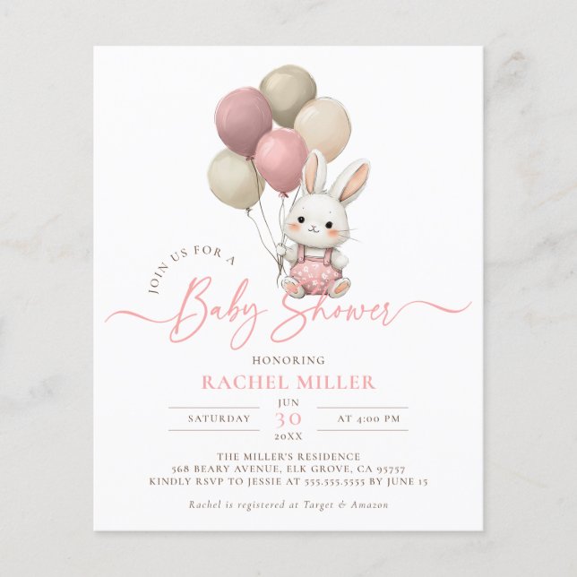 Budget Bunny Rabbit Balloons Pink Girl Baby Dusche (Vorderseite)