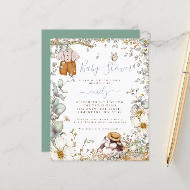 Budget Bunny Sage Boy Kinderdusche Einladung (Vorderseite/Rückseite Beispiel)