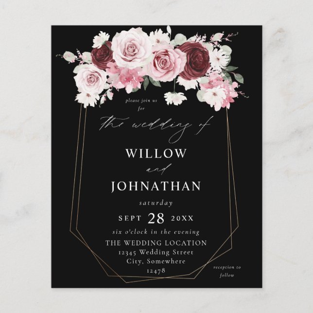Budget Burgund & Blush Pink 6Ele Floral Wedding B Flyer (Vorne)
