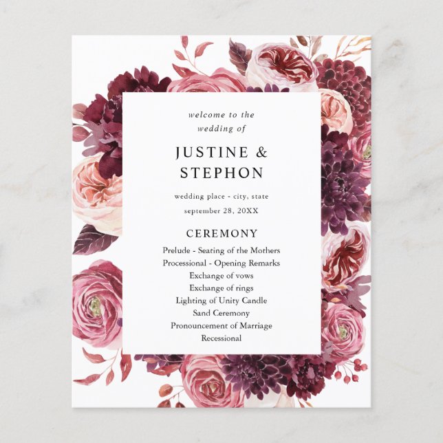 Budget Burgund & Blush Pink 8B Hochzeitsfeier Flyer (Vorne)