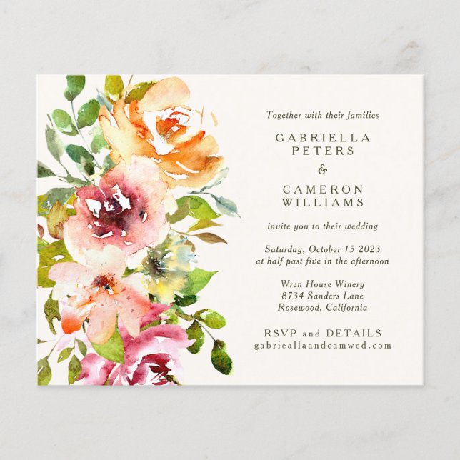 Budget Burgund Floral rustikale Hochzeit Einladung (Vorderseite)