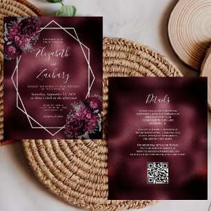 Budget Burgund Foil Silber Blumen QR Code Hochzeit