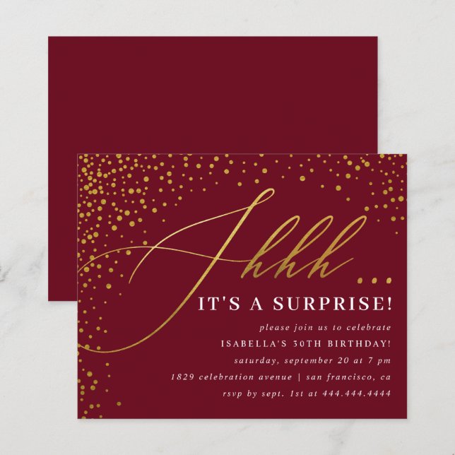 Budget Burgund & Gold Confetti Überraschung Party (Vorne/Hinten)