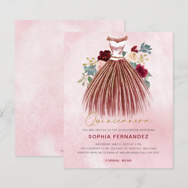 Budget Burgund Gold Glitzer Kleid Quinceañera (Vorne/Hinten)