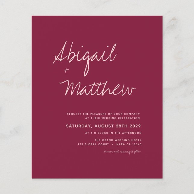 Budget Burgund Minimalistisch Hochzeitseinladung Flyer (Vorne)