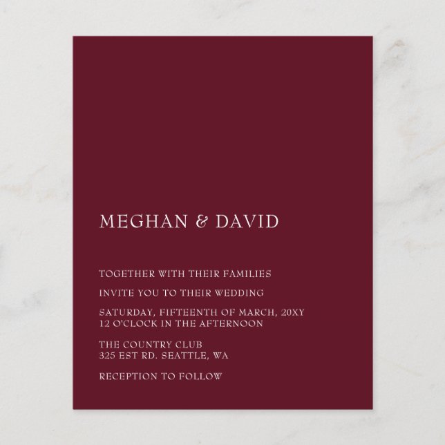 Budget Burgund Moderne Hochzeitseinladung (Vorderseite)