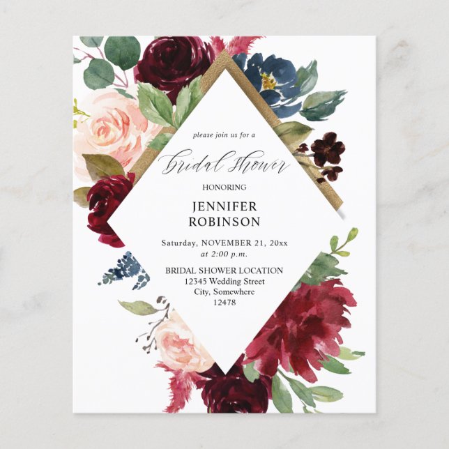 Budget Burgund, Navy & Blush Pink Brautparty Flyer (Vorne)