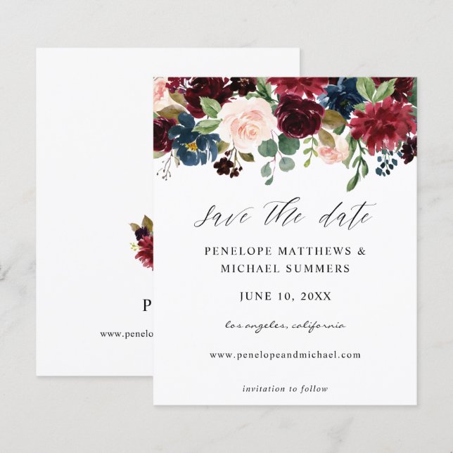 Budget Burgund & Pink Floral Save the Date (Vorne/Hinten)