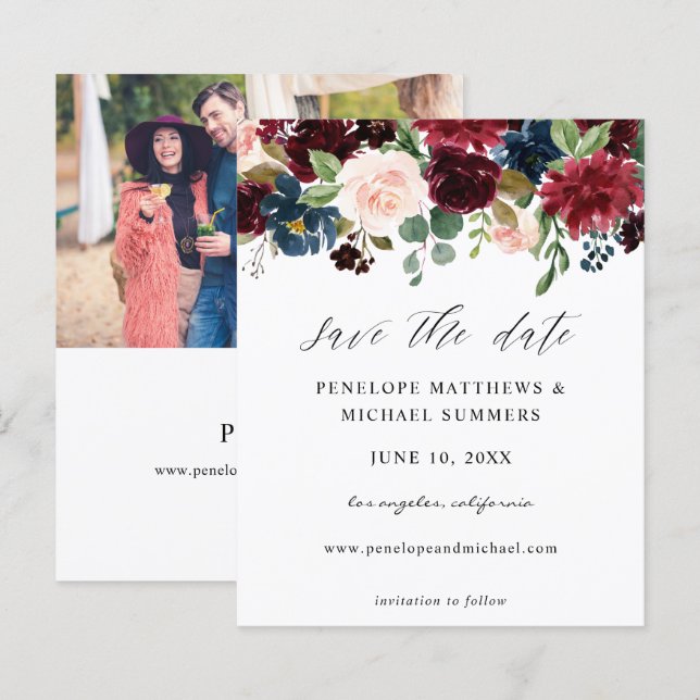 Budget Burgund & Pink Save the Date Foto (Vorne/Hinten)