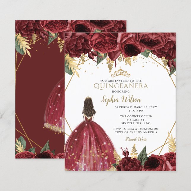 Budget Burgund Prinzessin Quinceañera Einladung (Vorne/Hinten)