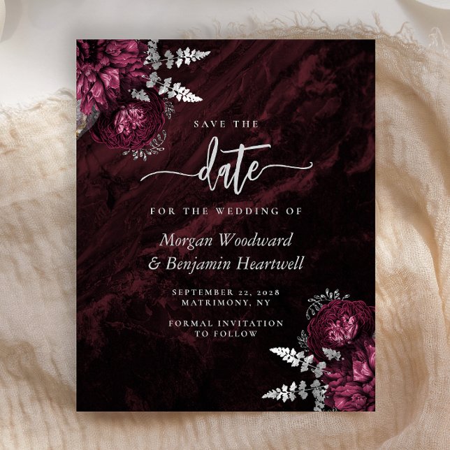Budget Burgund Silber Blumen Save the Date (Von Creator hochgeladen)
