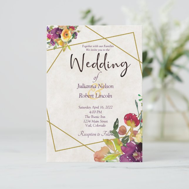 Budget Burgund und gelbe Blumen Hochzeit Einladung (Stehend Vorderseite)