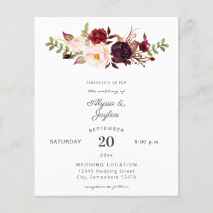 Budget Burgund Wein Marsala Rosa Florales Hochzeit Flyer