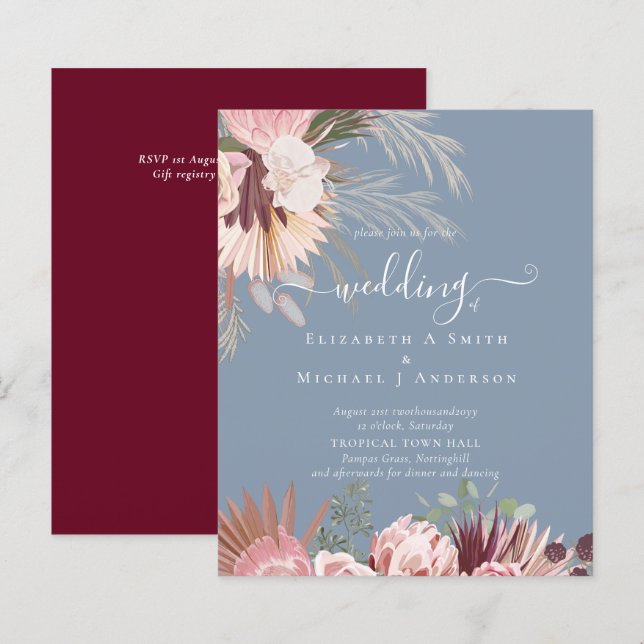 BUDGET Burgund Wein Pampas Grass Tropische Hochzei (Vorne/Hinten)