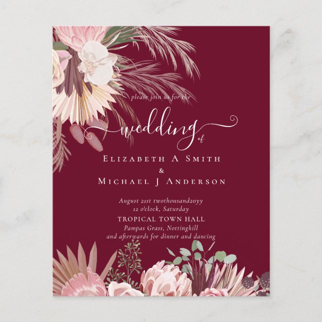 BUDGET Burgund Wein Pampas Grass Tropische Hochzei Flyer (Vorne)