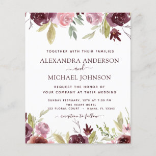 Budget-Burgunder-Rosa-Blumen-Hochzeitseinladung Flyer