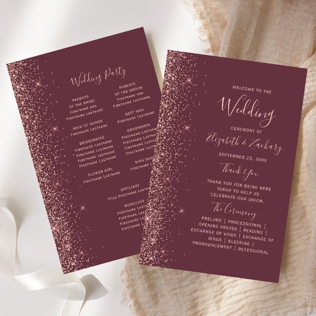 Budget Burgunder-Roségold-Glitter-Hochzeitsprogram (Von Creator hochgeladen)